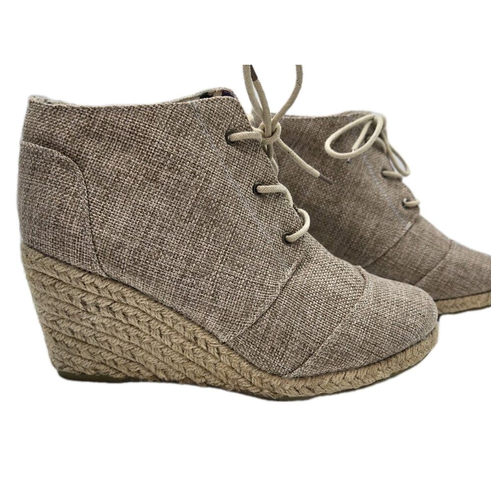 SOS Shoes Of Soul Sz 9 Rope Wedge Lace up Ankle Booties Linen Look Boho Cottage